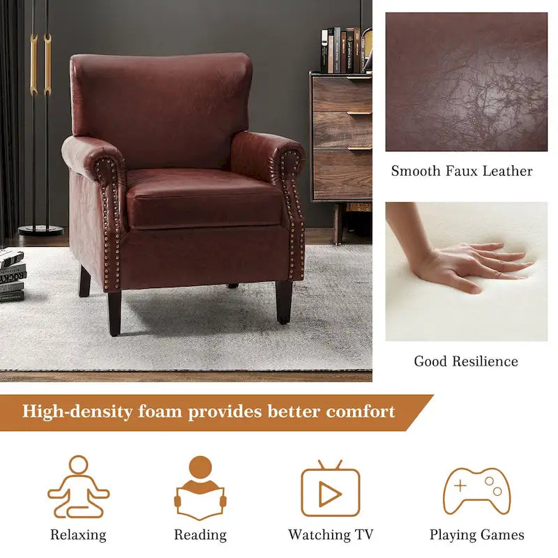 Transitional Leather Armchair with Nailhead Trim Rolled Arms by