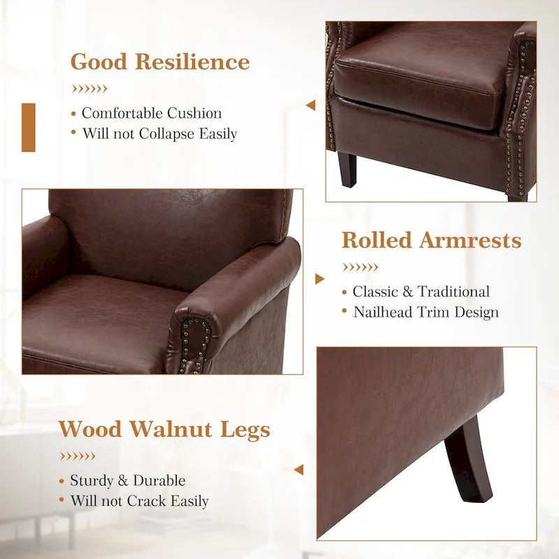 Transitional Leather Armchair with Nailhead Trim Rolled Arms by