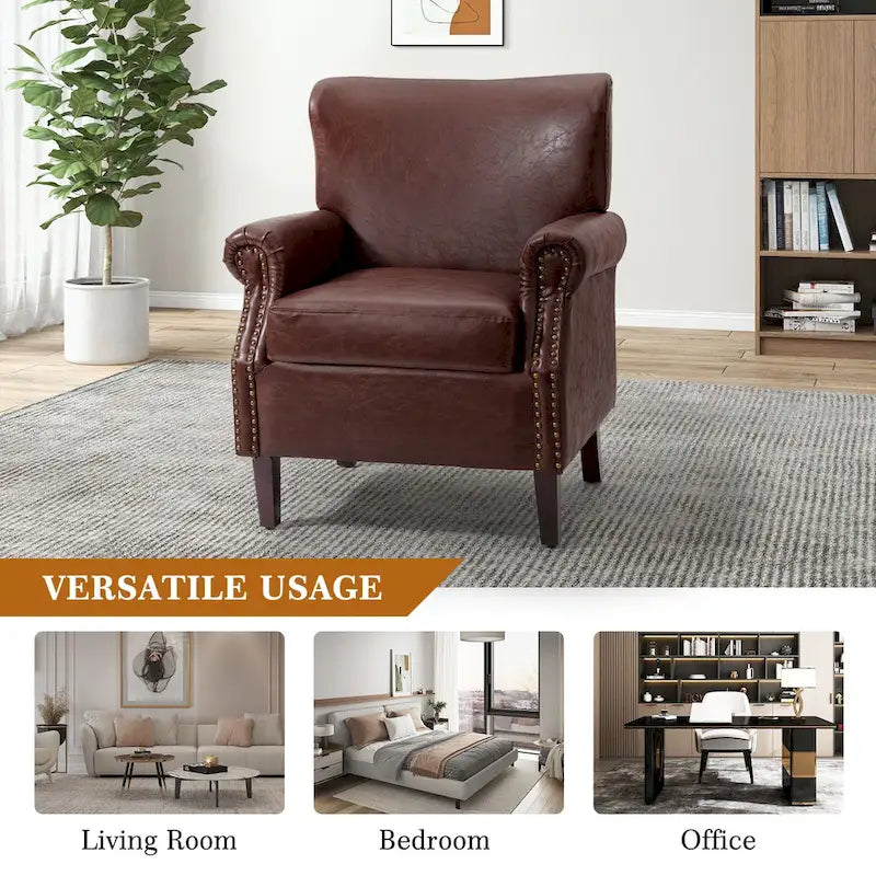Transitional Leather Armchair with Nailhead Trim Rolled Arms by