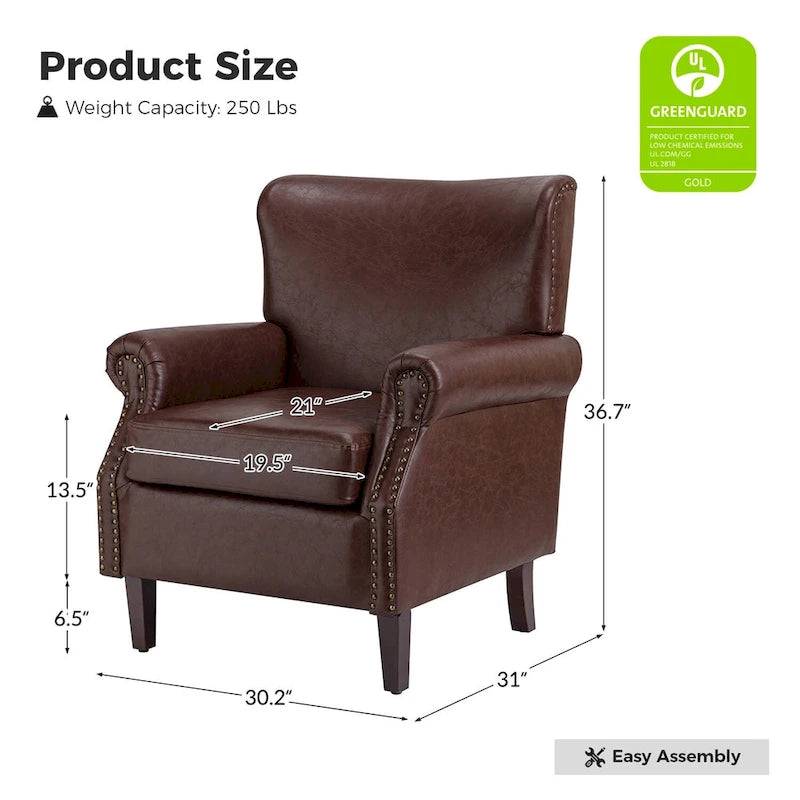 Transitional Leather Armchair with Nailhead Trim Rolled Arms by