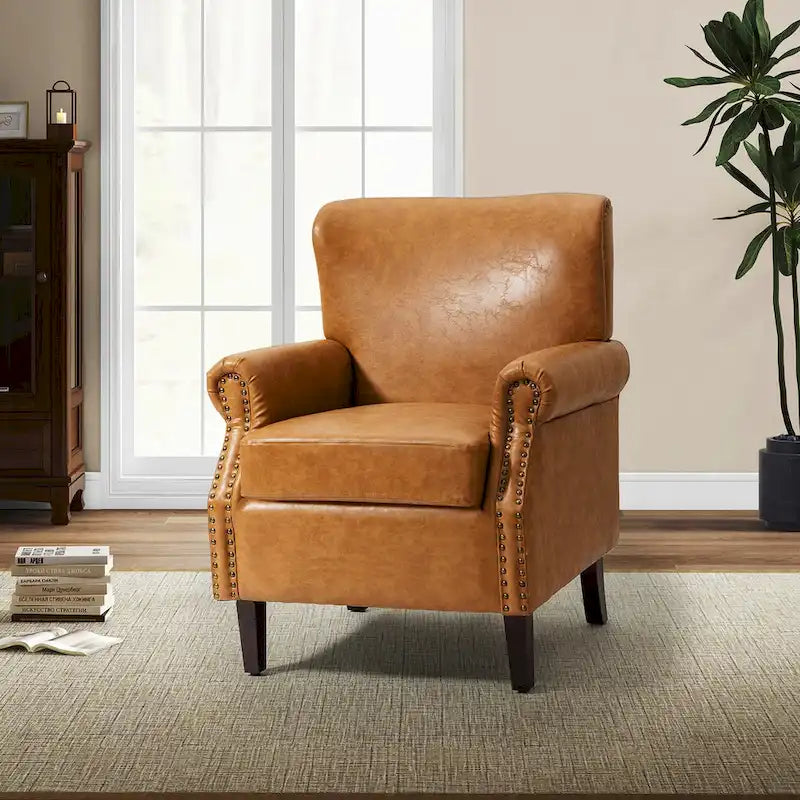Transitional Leather Armchair with Nailhead Trim Rolled Arms by