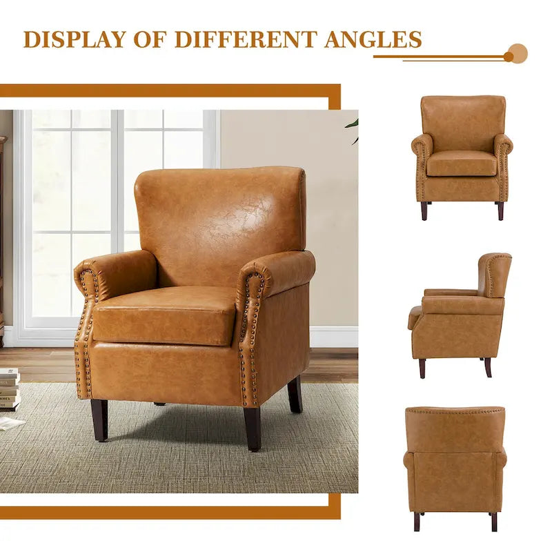 Transitional Leather Armchair with Nailhead Trim Rolled Arms by