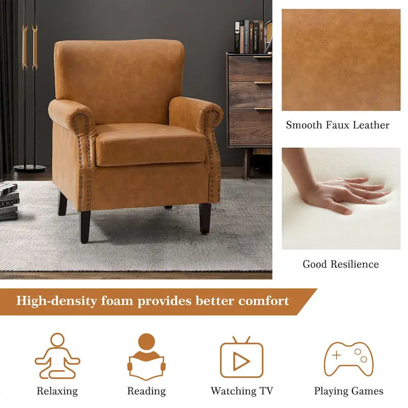 Transitional Leather Armchair with Nailhead Trim Rolled Arms by