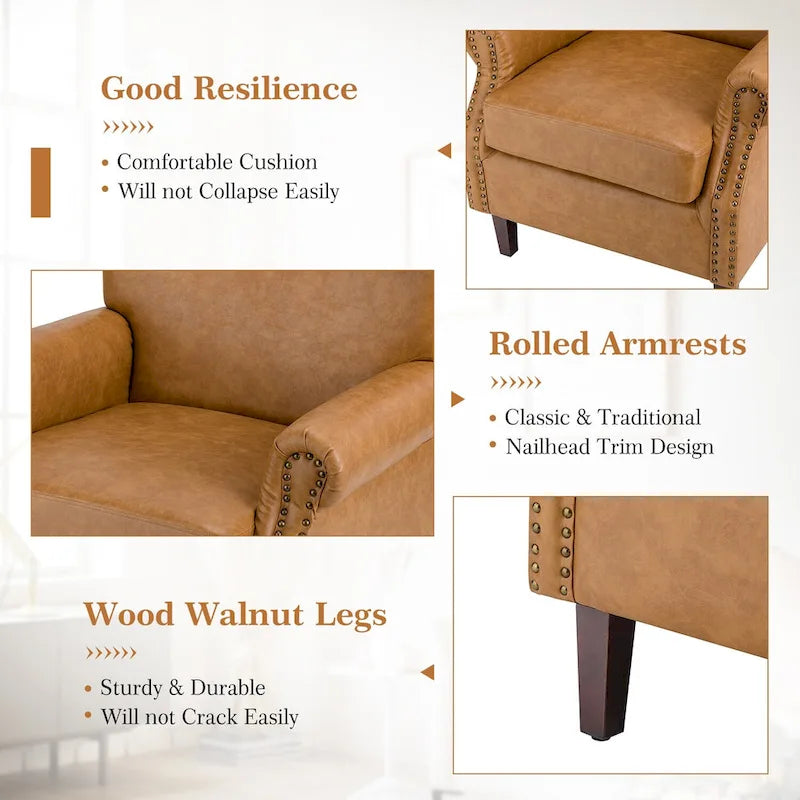 Transitional Leather Armchair with Nailhead Trim Rolled Arms by