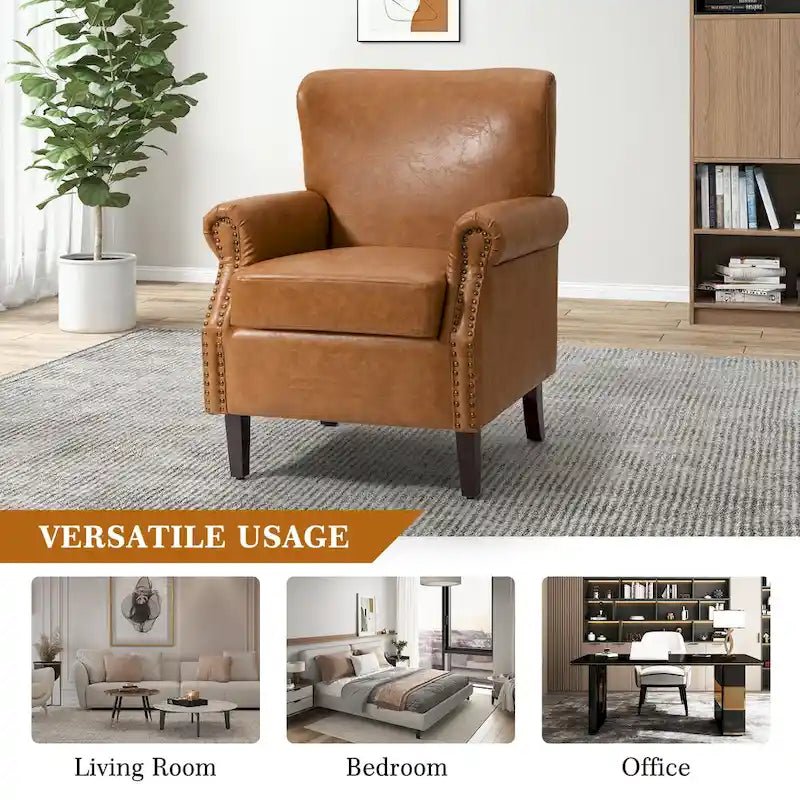 Transitional Leather Armchair with Nailhead Trim Rolled Arms by