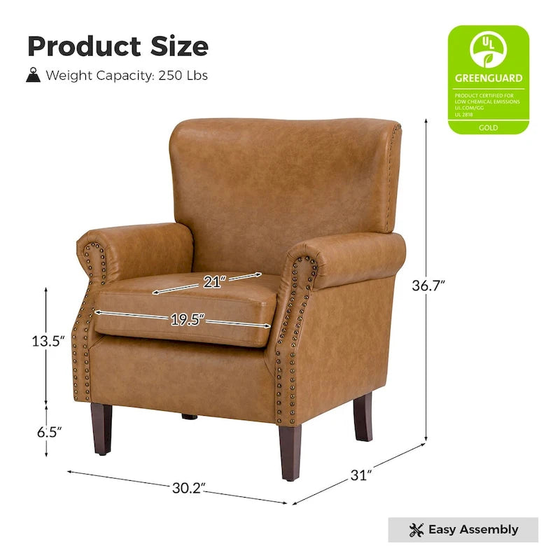 Transitional Leather Armchair with Nailhead Trim Rolled Arms by