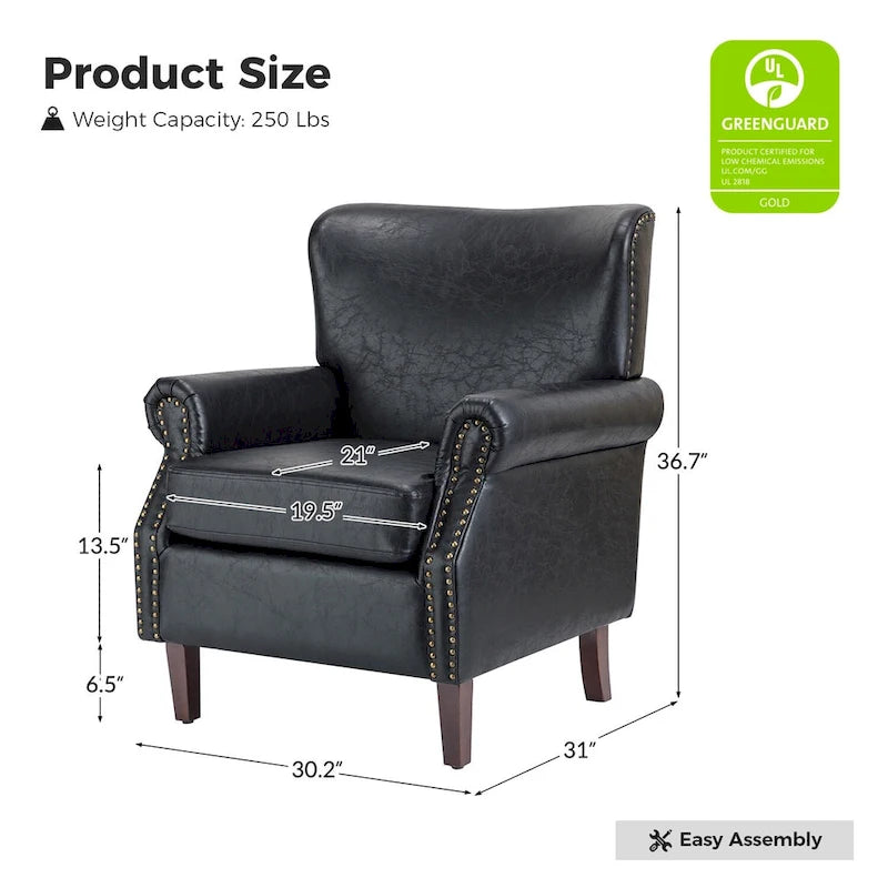 Transitional Leather Armchair with Nailhead Trim Rolled Arms by