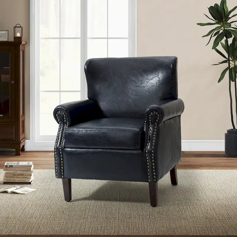 Transitional Leather Armchair with Nailhead Trim Rolled Arms by
