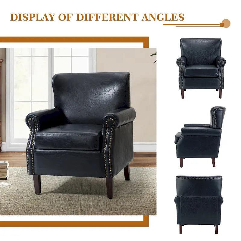 Transitional Leather Armchair with Nailhead Trim Rolled Arms by