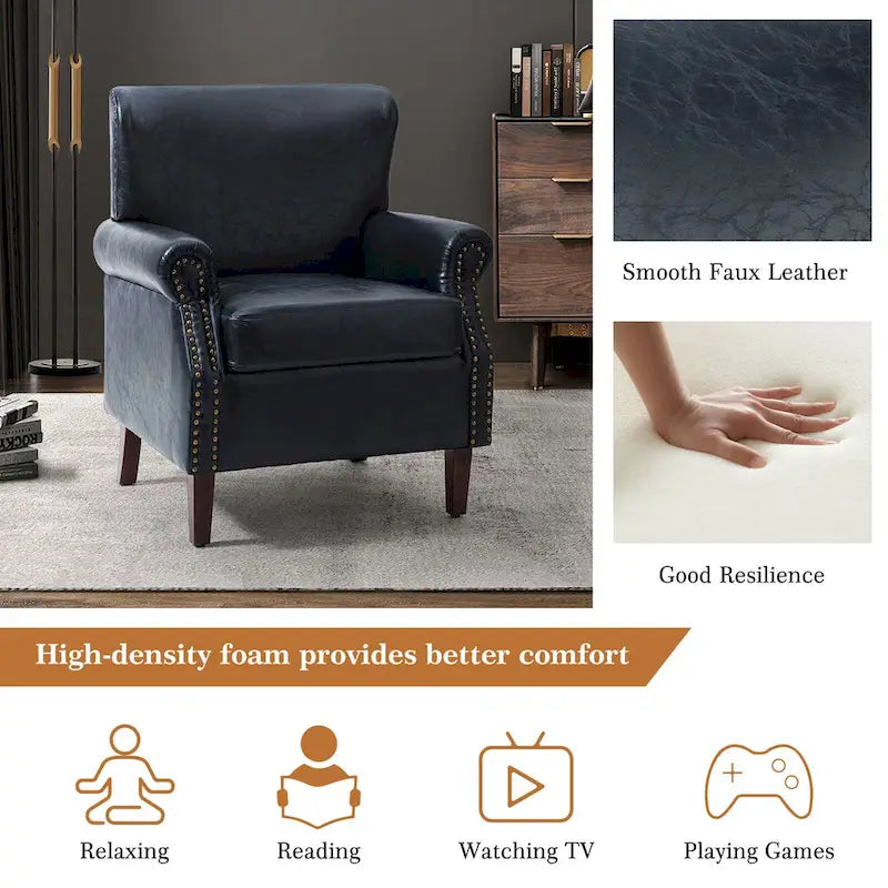 Transitional Leather Armchair with Nailhead Trim Rolled Arms by
