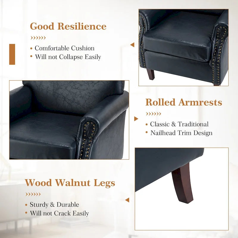 Transitional Leather Armchair with Nailhead Trim Rolled Arms by