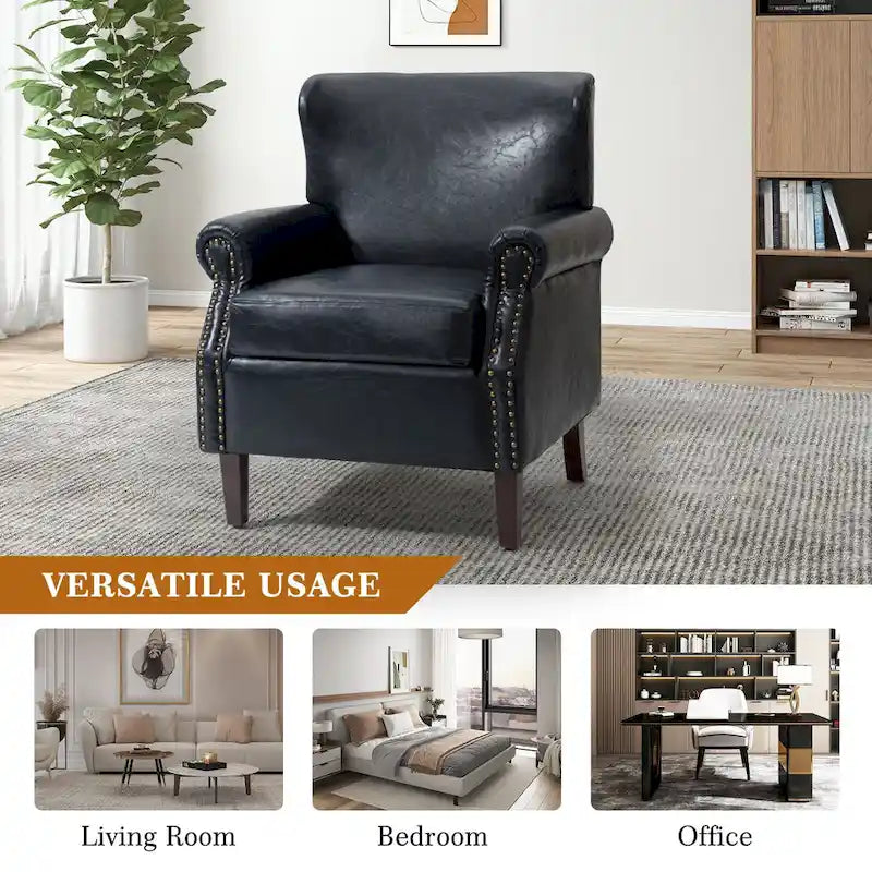 Transitional Leather Armchair with Nailhead Trim Rolled Arms by