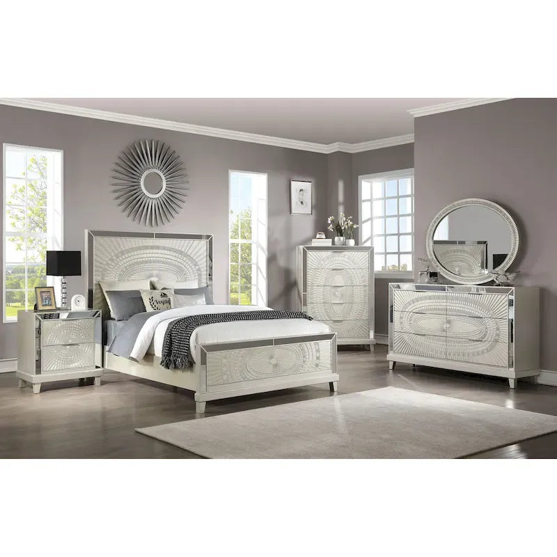 Champagne Wood Carved Panel Bed
