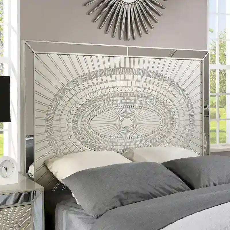 Champagne Wood Carved Panel Bed