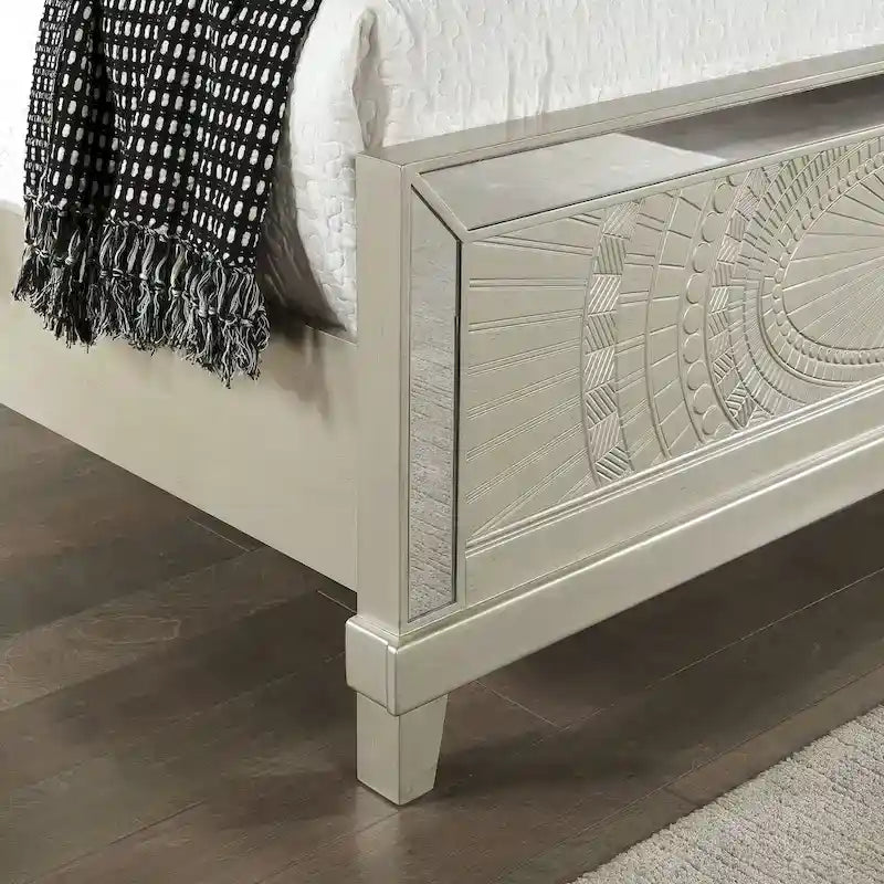 Champagne Wood Carved Panel Bed