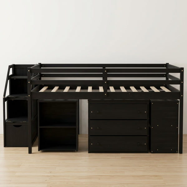 Großes Hochbett mit ausziehbarem Schreibtisch und 3 Schubladen, Holz-Hochbett mit Stautreppe und Regalen, Espresso