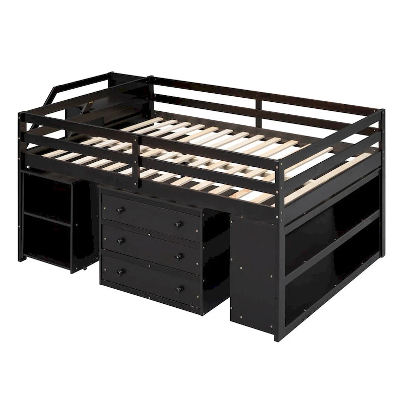 Full Size Loft Bed with Retractable Writing Desk and 3 Drawers, Wooden Loft Bed with Storage Stairs and Shelves, Espresso