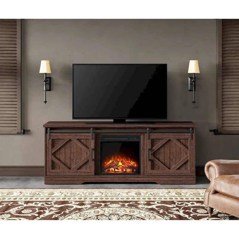 Fireplace TV Stand Farmhouse Sliding Barn Door Entertainment Center