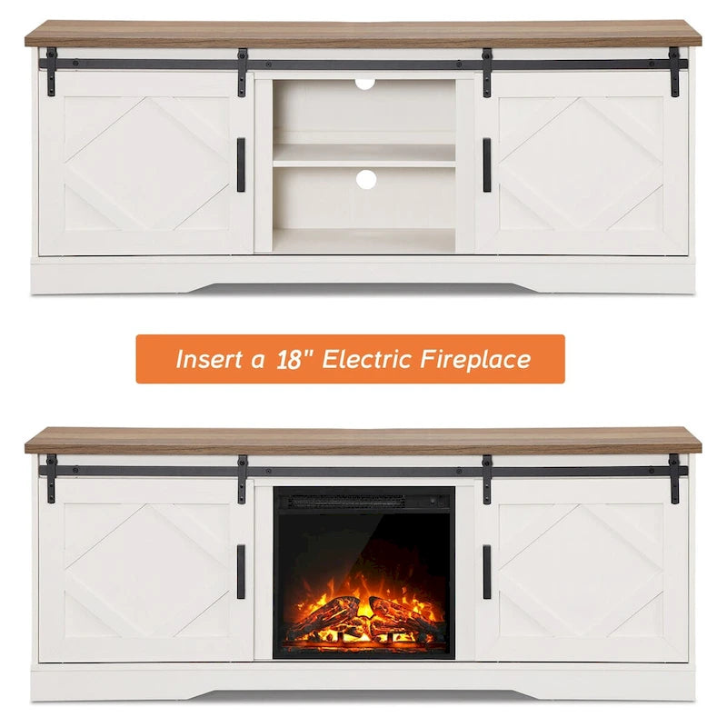 Fireplace TV Stand Farmhouse Sliding Barn Door Entertainment Center