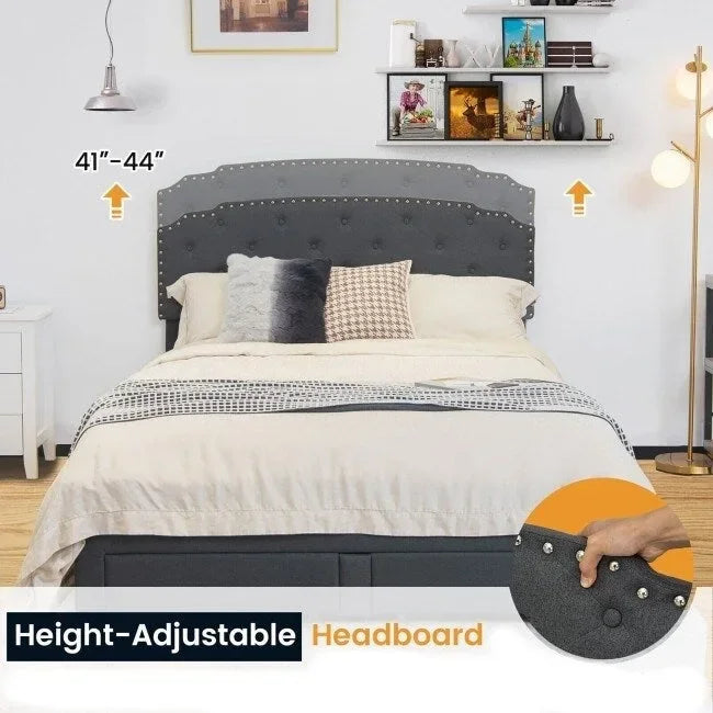 Linen Adjustable Headboard 4 Drawer Storage Platform Bed