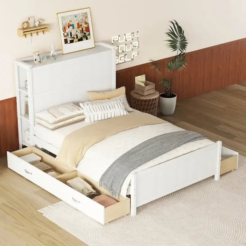 Full Size Platform Bed with Drawers and Storage Shelves