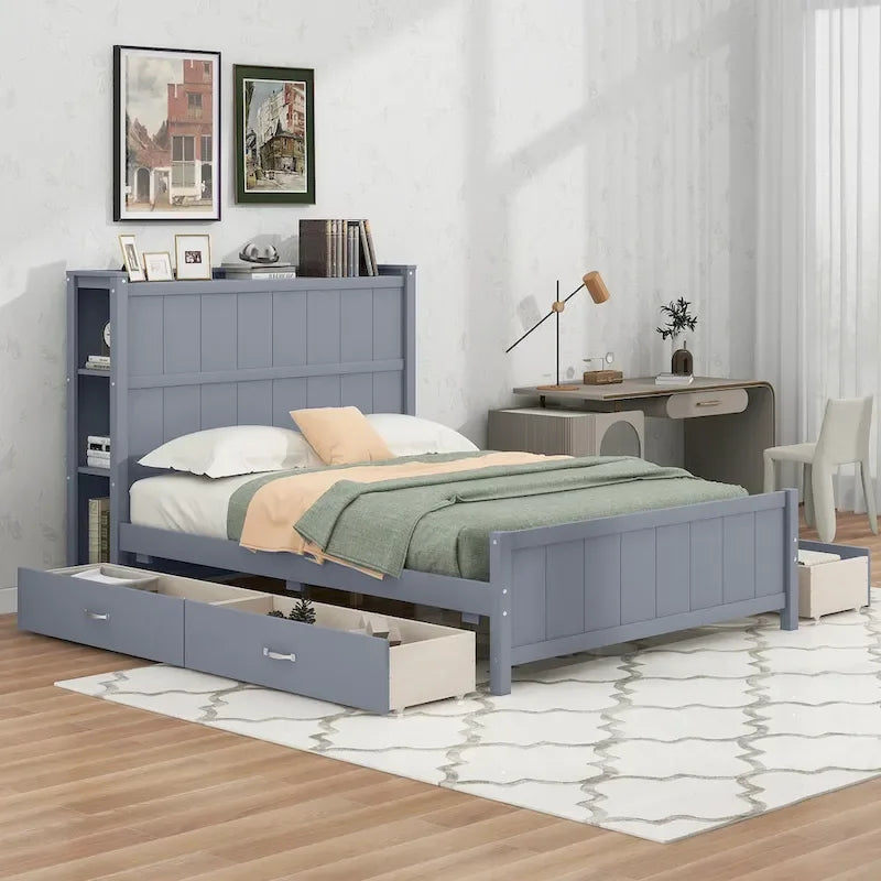 Full Size Platform Bed with Drawers and Storage Shelves