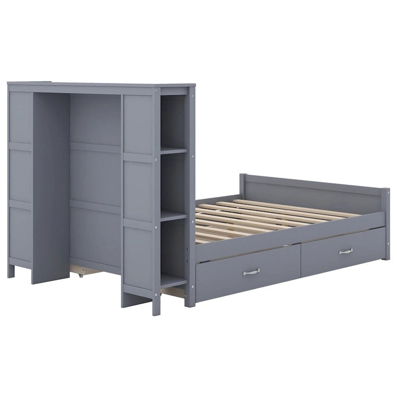 Full Size Platform Bed with Drawers and Storage Shelves