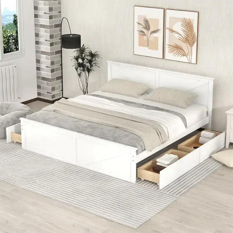 Wooden Platform Bed with 4 Storage Drawers and Support Legs