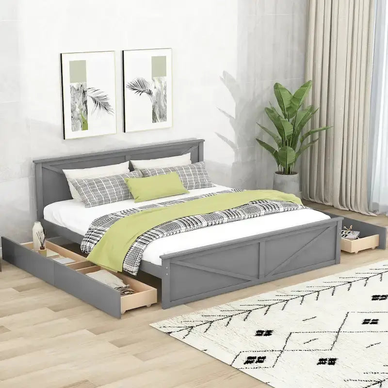 Wooden Platform Bed with 4 Storage Drawers and Support Legs