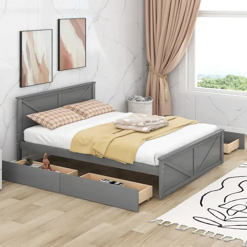 Wooden Platform Bed with 4 Storage Drawers and Support Legs