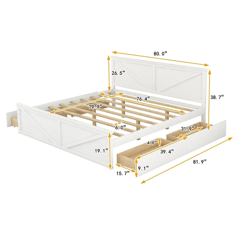 Wooden Platform Bed with 4 Storage Drawers and Support Legs