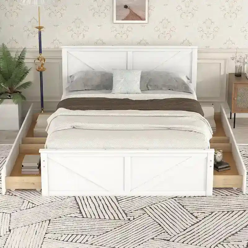 Wooden Platform Bed with 4 Storage Drawers and Support Legs