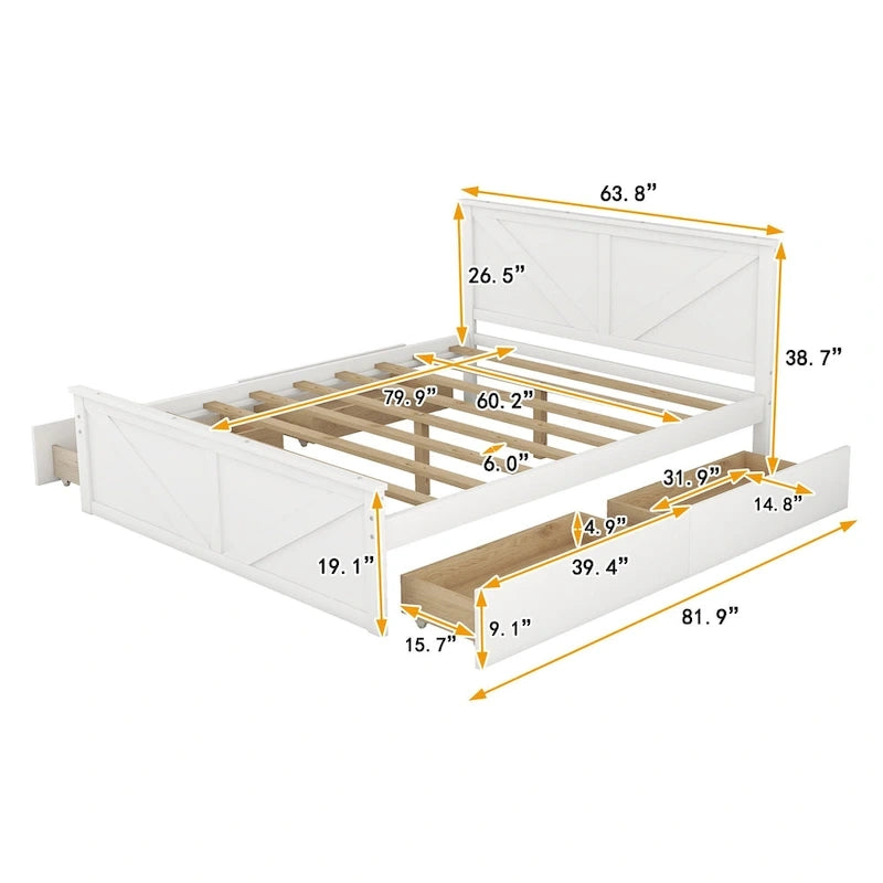 Wooden Platform Bed with 4 Storage Drawers and Support Legs