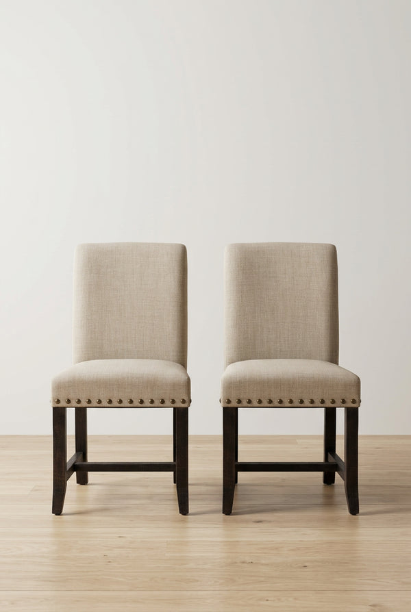 Fabric Upholstered Wooden Side Chair with Nail Head Trim Accents, Set of 2, Beige and Black