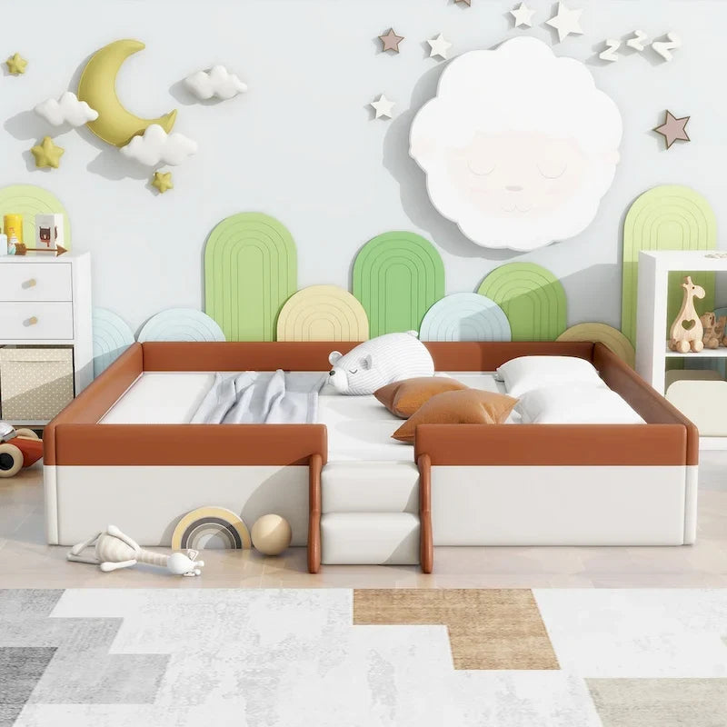 King Size Upholstered Daybed Frame with Fence and Stairs