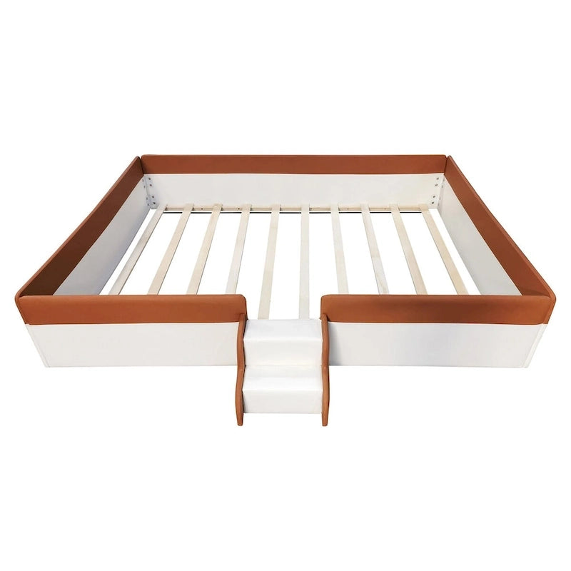 King Size Upholstered Daybed Frame with Fence and Stairs