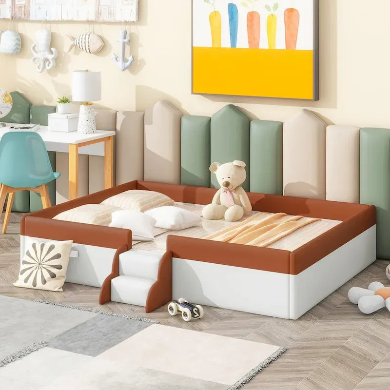 King Size Upholstered Daybed Frame with Fence and Stairs