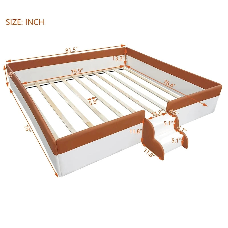 King Size Upholstered Daybed Frame with Fence and Stairs
