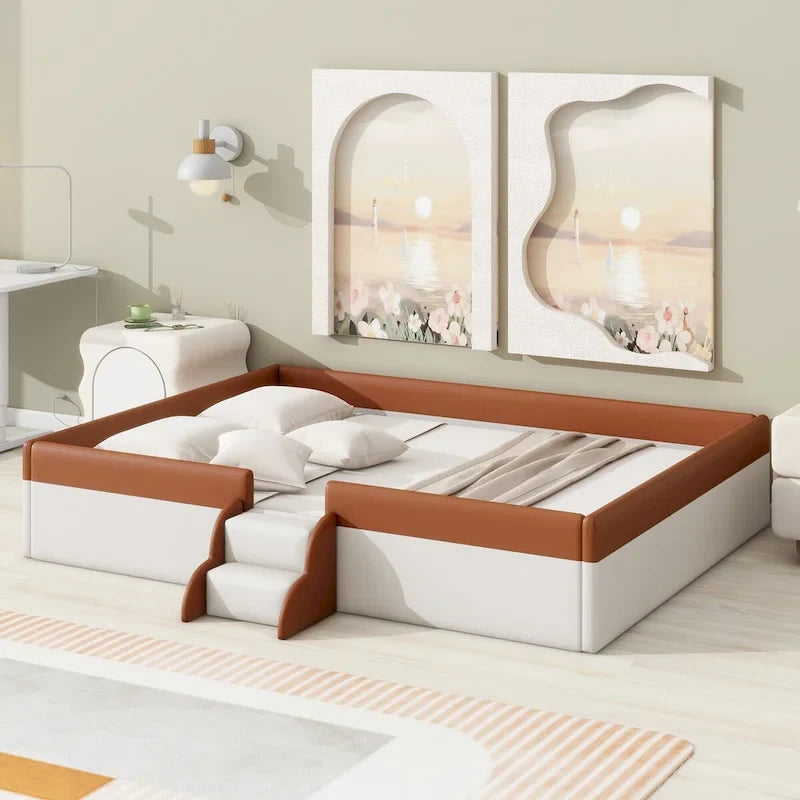 King Size Upholstered Daybed Frame with Fence and Stairs