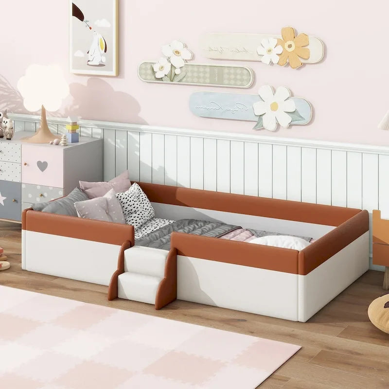 King Size Upholstered Daybed Frame with Fence and Stairs