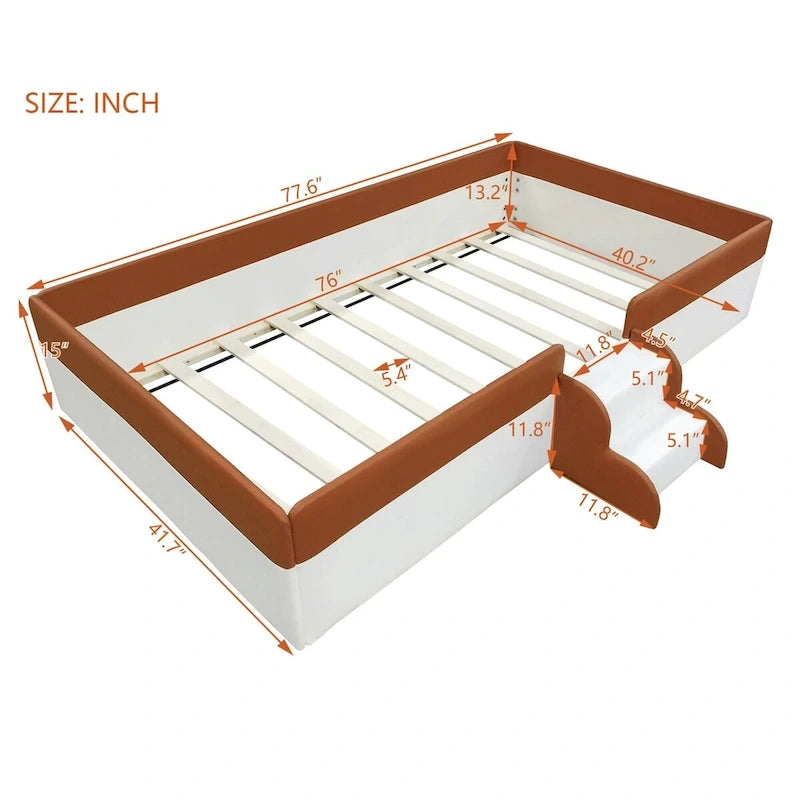 King Size Upholstered Daybed Frame with Fence and Stairs