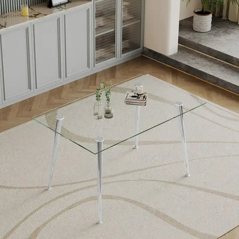 0.32 Thick Tempered Glass Top Dining Table with Stainless Steel Legs for Small Space, Dining Room