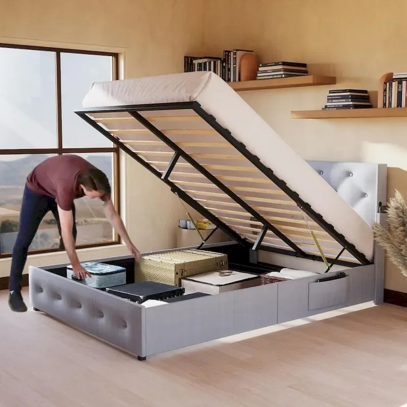 Full Size Bed Frame Gas Lift Upholstered Storage Bed